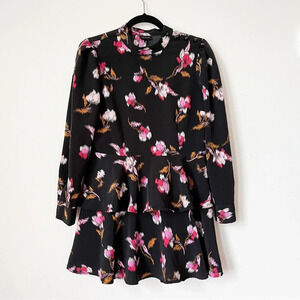 Altered* Who What Wear Black Floral Tiered Long Sleeve Mini Dress Medium Flounce
